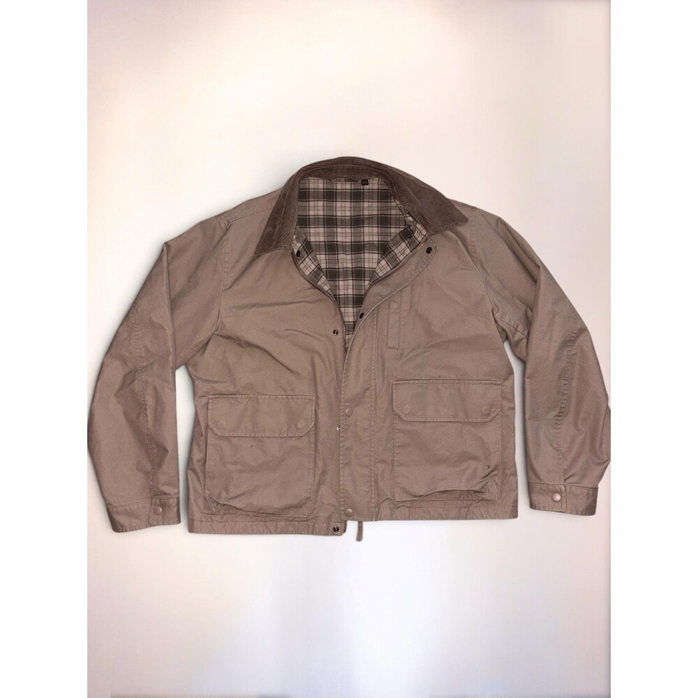 Men's Khaki Jacket Button-Up Corduroy Collar Plaid Lining Casual Short Size L